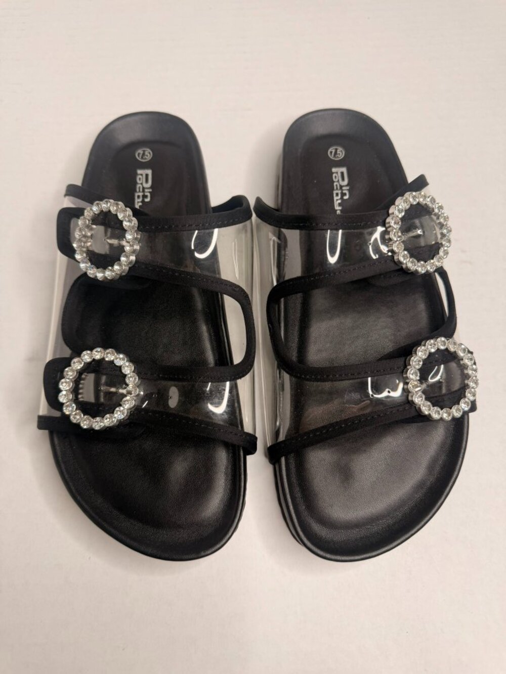 Women's Black Rhinestone Crystal Buckle Flat Sandals | Dressy Summer Slides